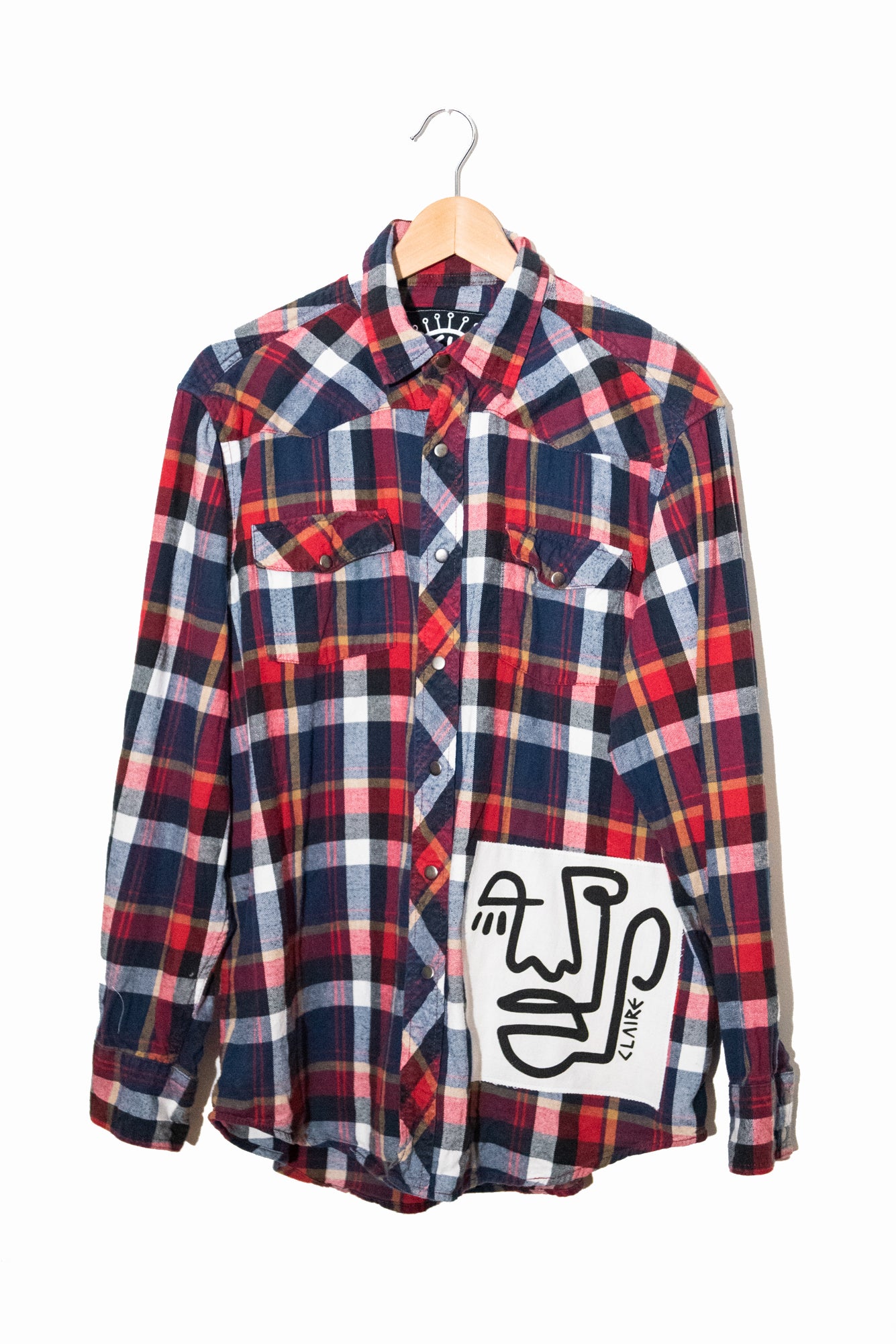 Navy, Red, White & Gold Plaid Button-Up (L)